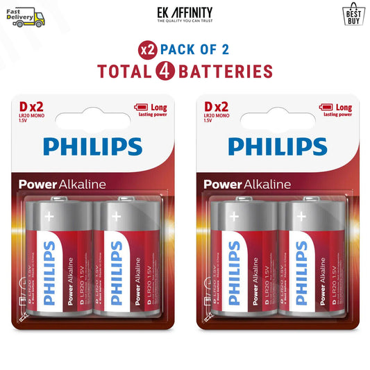 x2 Pack of 2 Philips D Power Alkaline Batteries 1,5V LR20 Total 4 Batteries