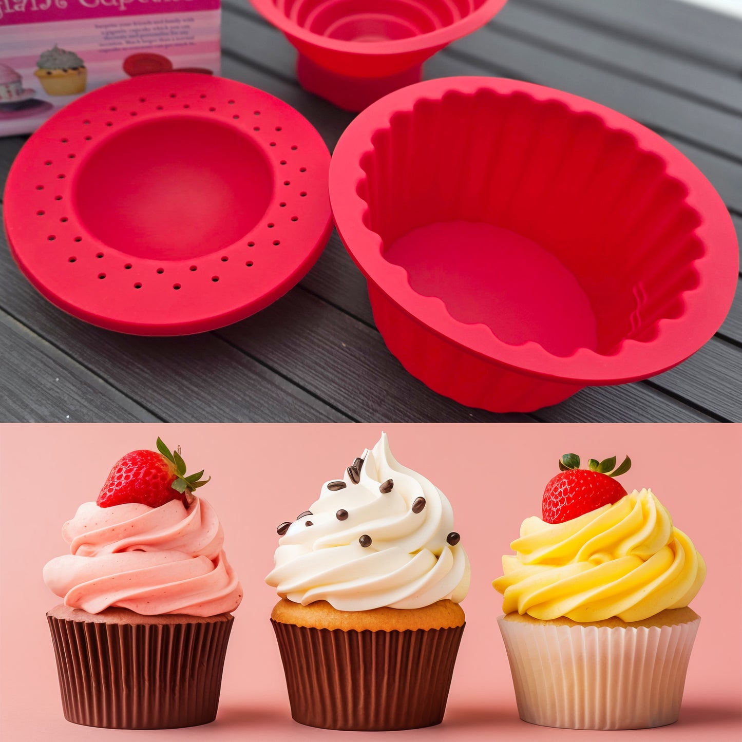 3Pcs Giant Cupcake Molds,Dishwasher Safe Big Top Silicone Cupcake Mould, Jumbo Caupcake Bake Sets Non-Stick Silicone Cake Molds for DIY Bake Tools Cake Decorating Red