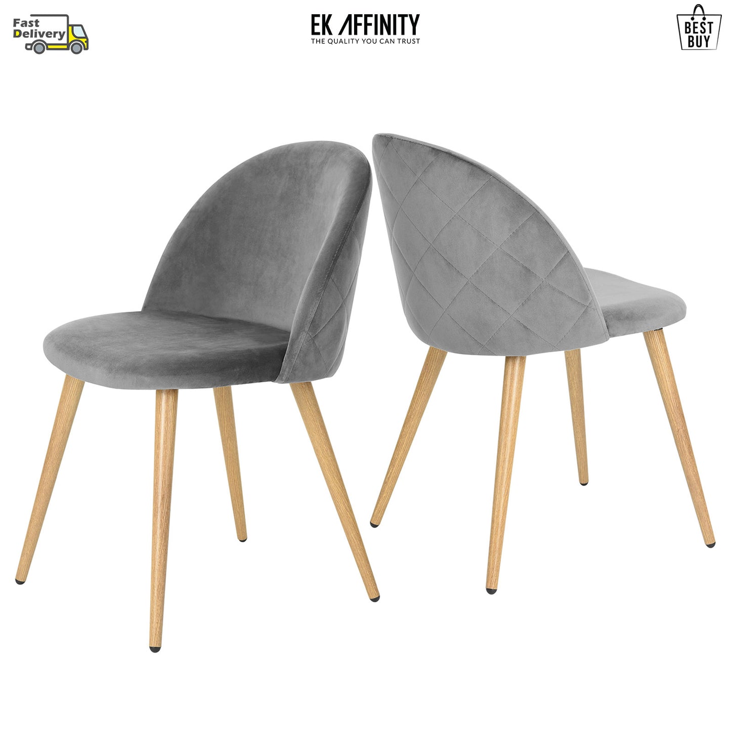 EKODE™ 2 x Grey Velvet Dining Chair with Padded Seat Upholstered Living Room Chair