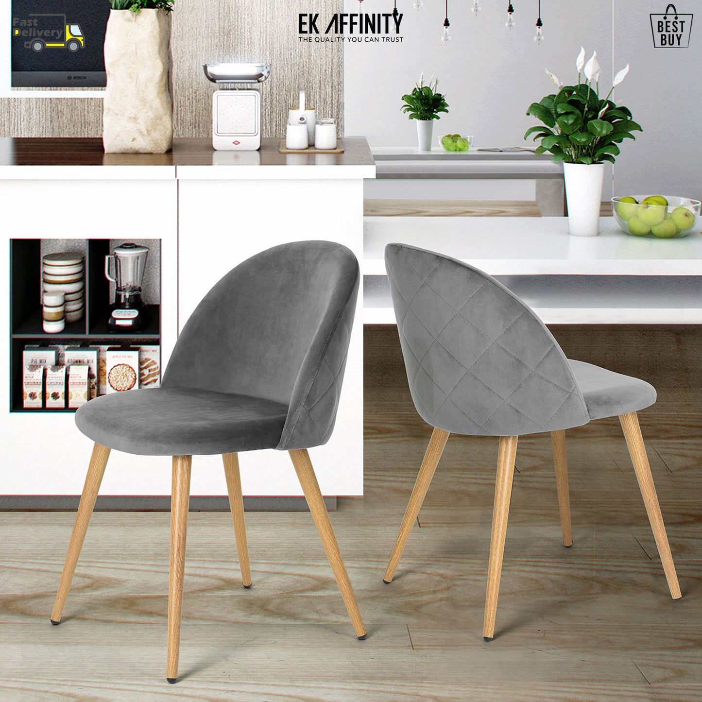 EKODE™ 2 x Grey Velvet Dining Chair with Padded Seat Upholstered Living Room Chair