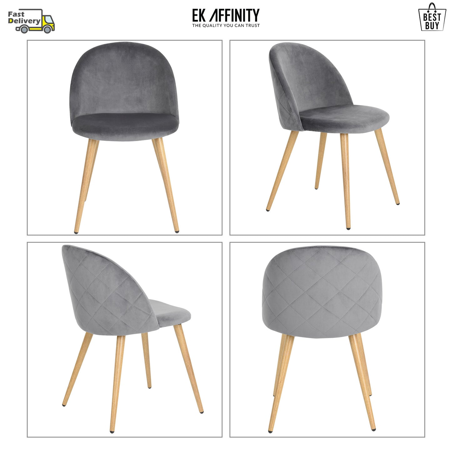 EKODE™ 2 x Grey Velvet Dining Chair with Padded Seat Upholstered Living Room Chair