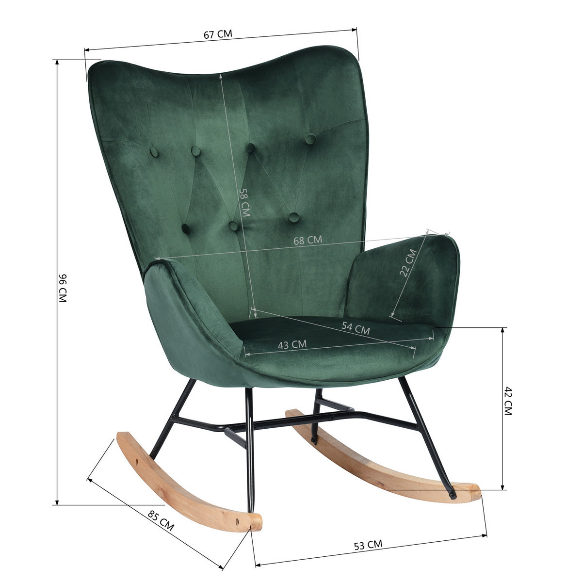EKODE™ Comfortable rocking chair dark green velvet with padded armrests and backrest