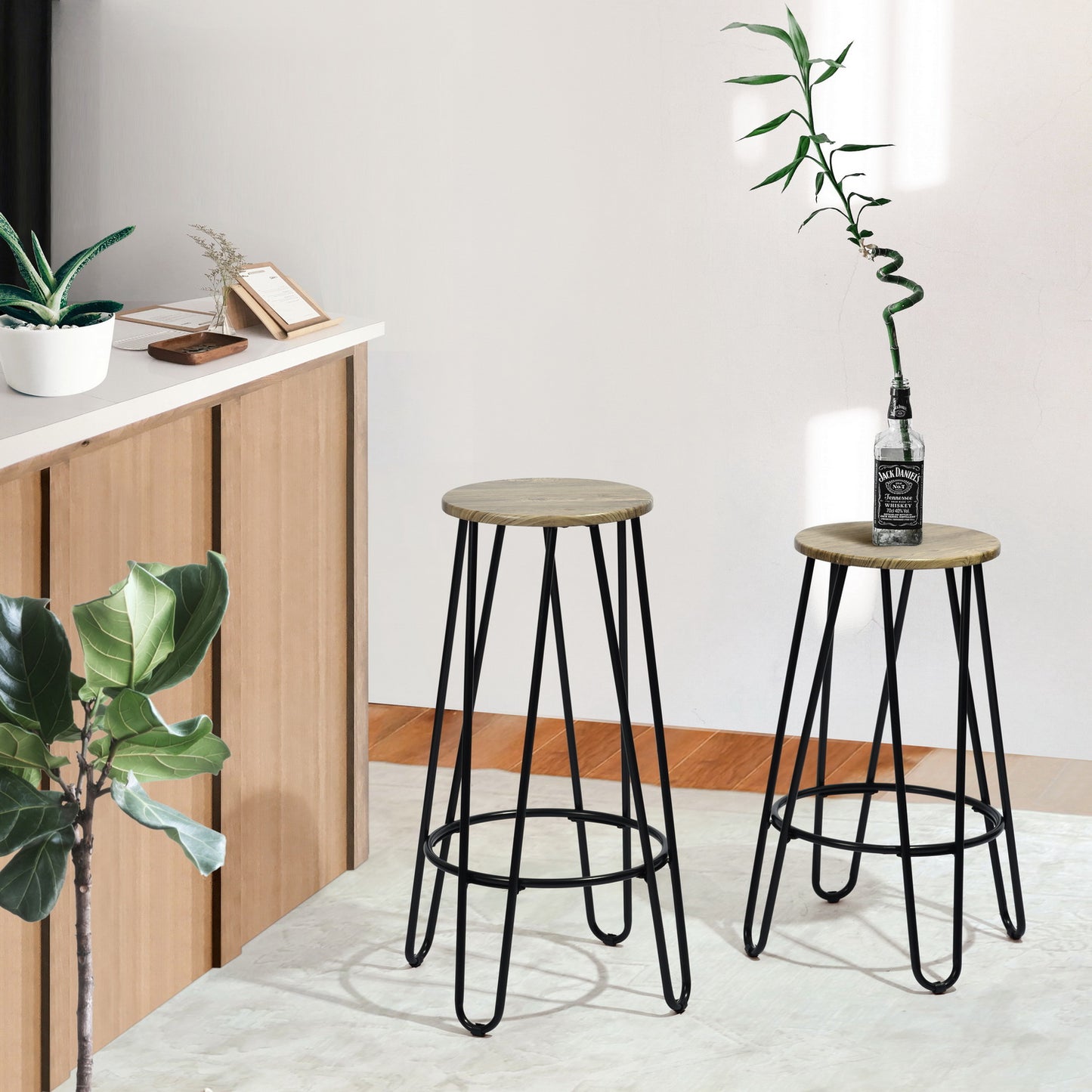 EKODE™ Set of 2pcs Industrial Style Barstools with Metal Frame for Living Room Kitchen, Round white wood seat Bar Chairs with Footrest,Light wood
