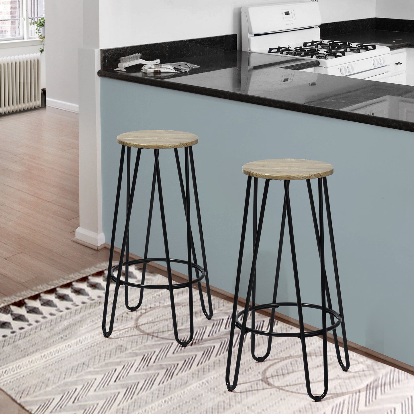 EKODE™ Set of 2pcs Industrial Style Barstools with Metal Frame for Living Room Kitchen, Round white wood seat Bar Chairs with Footrest,Light wood