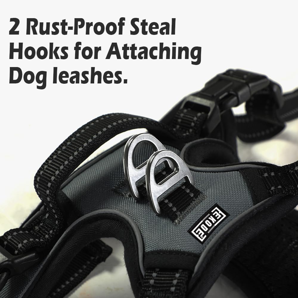 EKODE Dog Harness - No Pull Harness for Dogs with Breathable Inner Padding - Harness Dogs UK with 2 Anti Rust Leash Hooks - Anti Pull Dog Harness with Night Reflection Linings