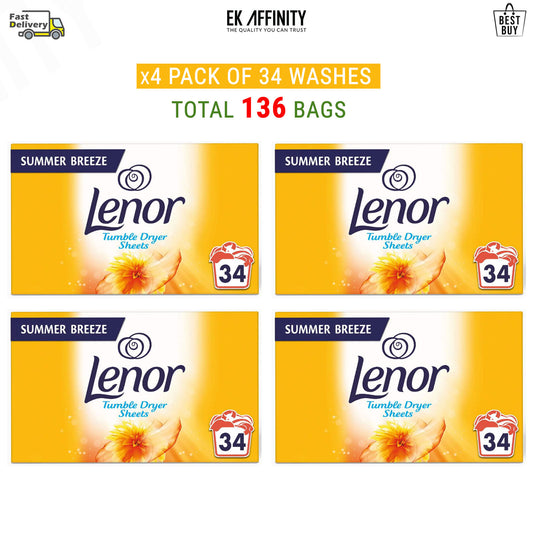 x4 Lenor Tumble Dryer Sheets Summer Breeze 34 Sheets Value Pack