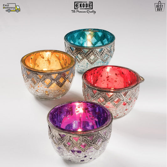 EKODE™ Beautiful Crackle Glass Tealight Holder with Metal Handmade Best Gift
