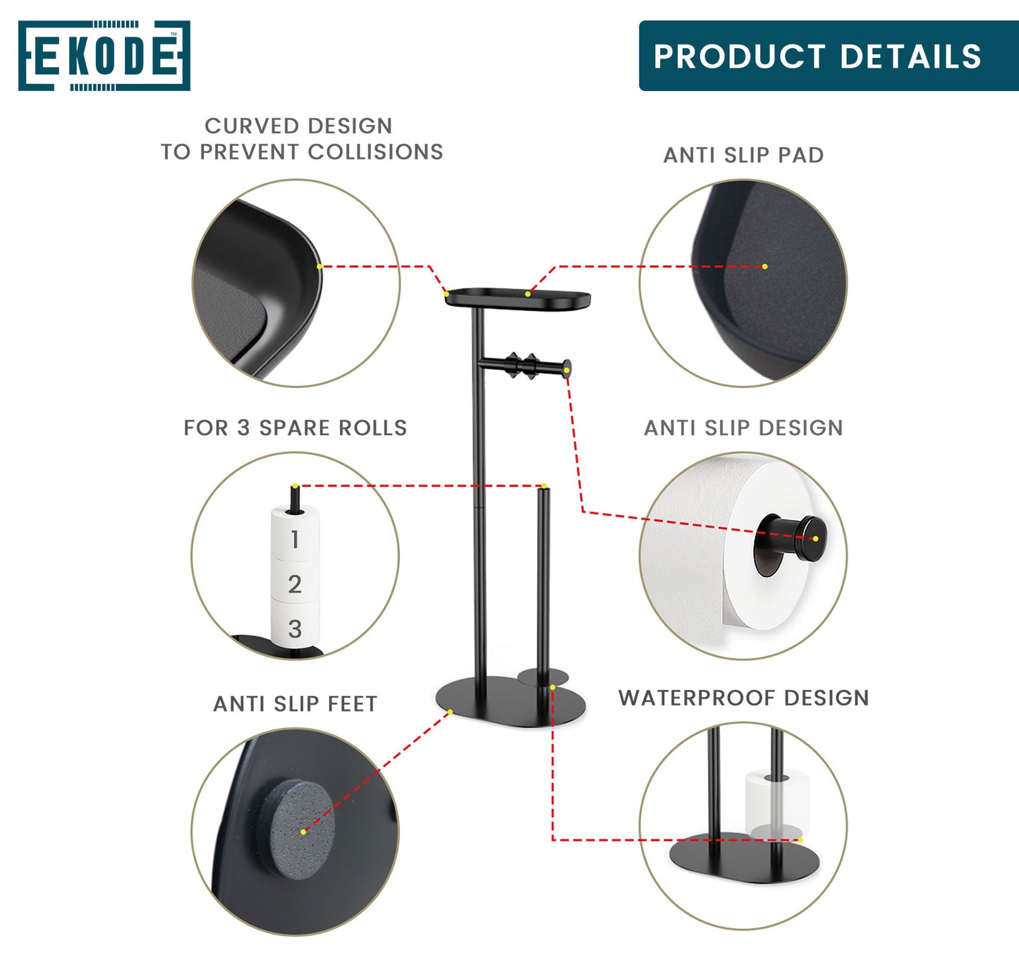 EKODE Free-Standing Toilet Roll Holder with Shelf - Floor Toilet Paper Stand with Storage for 4 Spare Rolls & Top Organizer - Stainless Steel Bathroom Toilet Paper Dispenser - Black