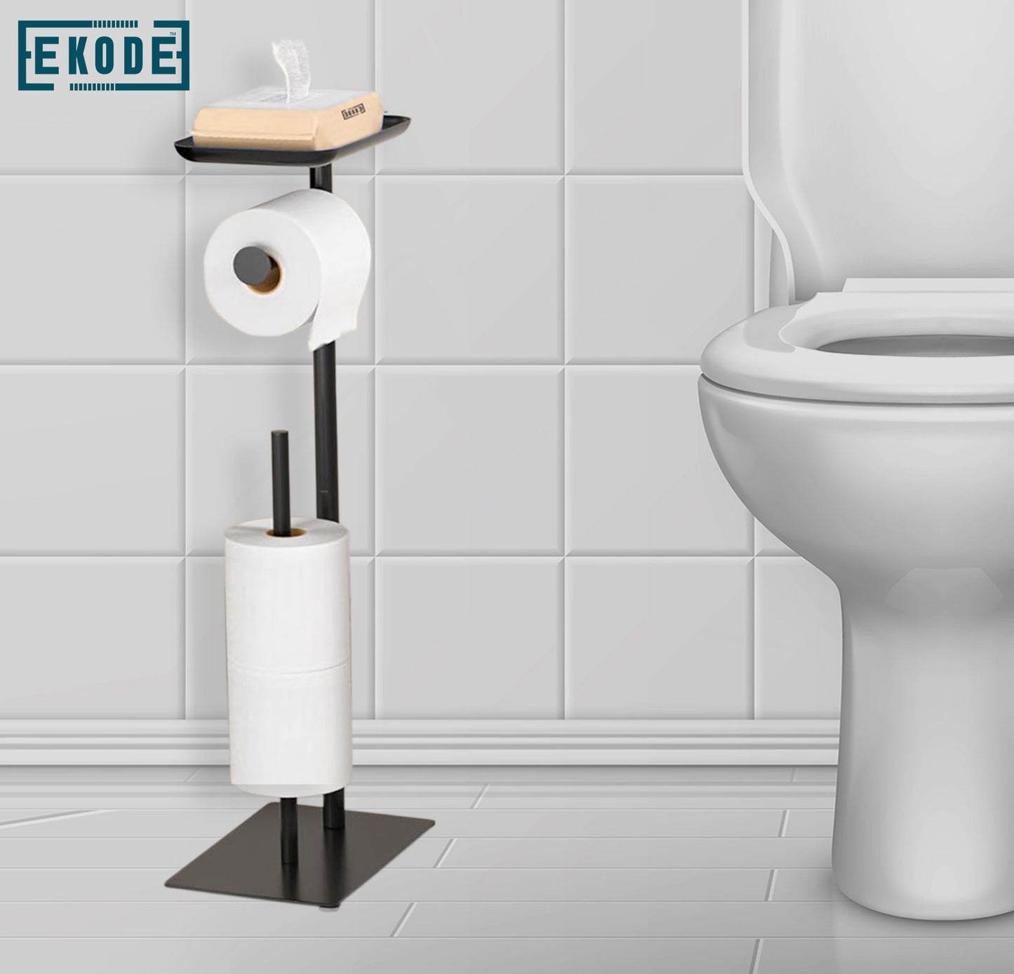 EKODE Free-Standing Toilet Roll Holder with Shelf - Floor Toilet Paper Stand with Storage for 4 Spare Rolls & Top Organizer - Stainless Steel Bathroom Toilet Paper Dispenser - Black