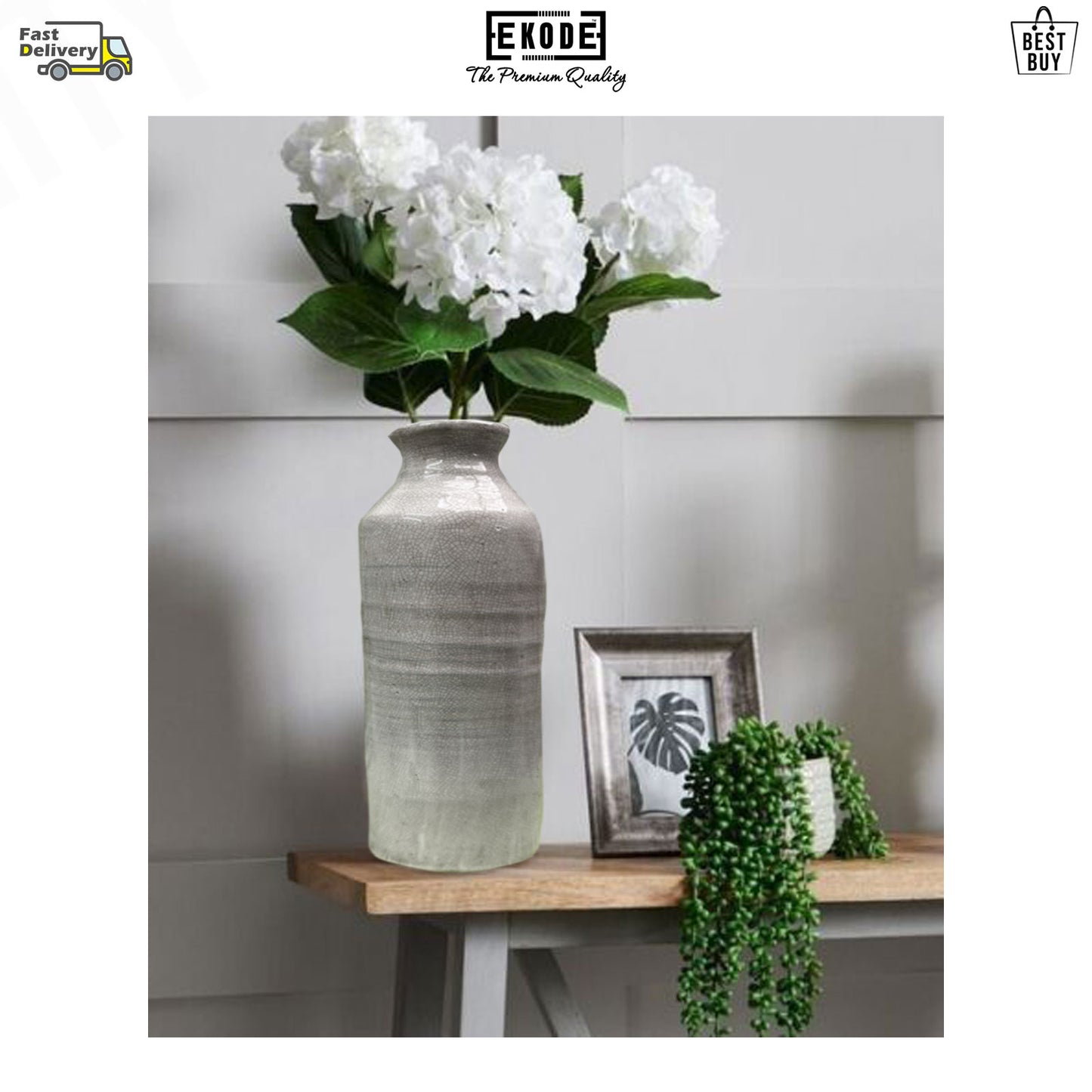 EKODE™ Ceramic Vase Tall White Varnished Crackled Floor Standing Ornament