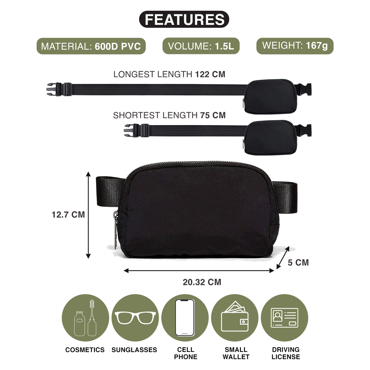 EKODE™ Crossbody Waist Bag Small Adjustabe Stlrap for Running Outdoors Workout Travel Hiking Cycling Water Resistance Fanny Pack for Women and Men Black