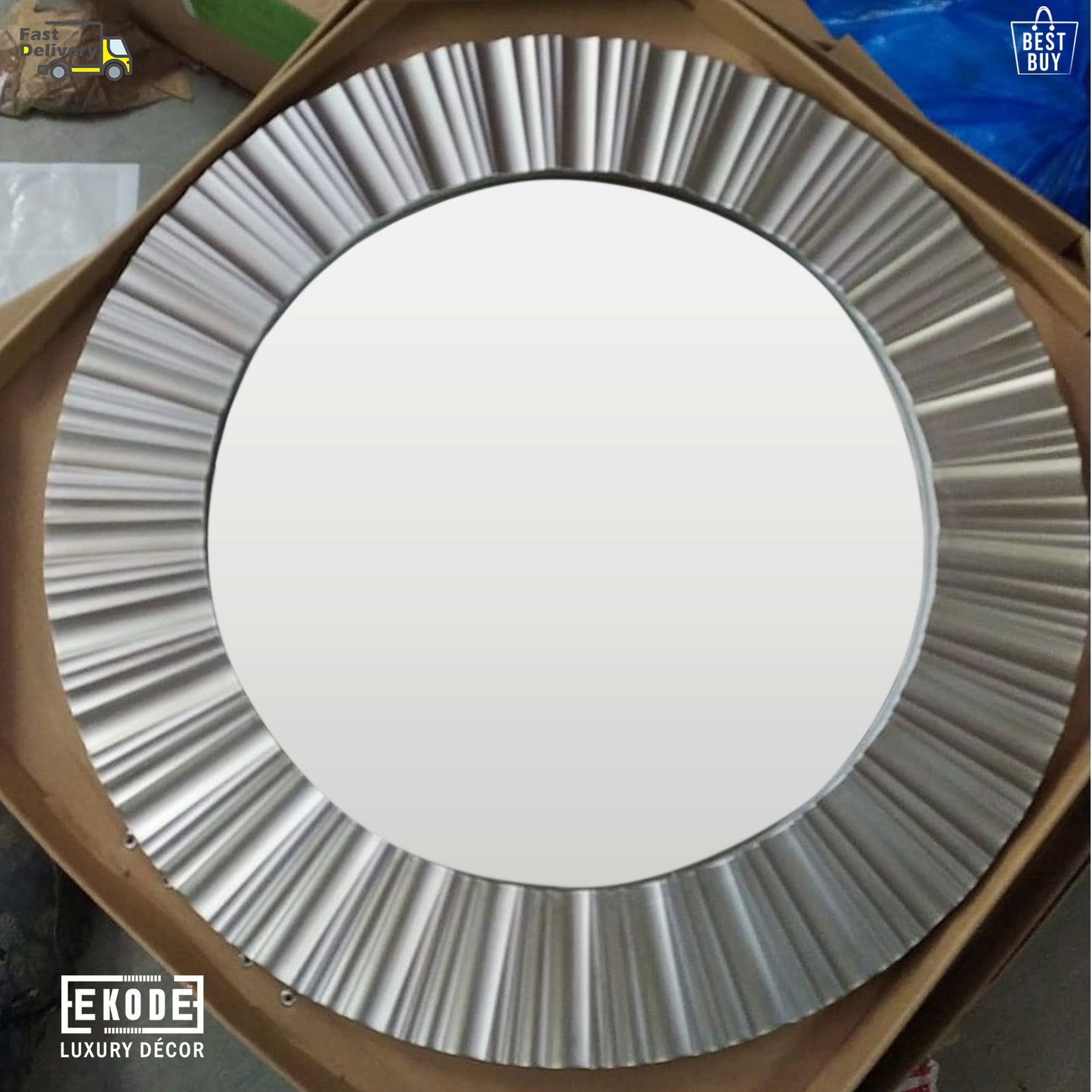 EKODE™ Ornate Round Silver Ribbed Champange Wall Mirror 50 CM Living Room Gift