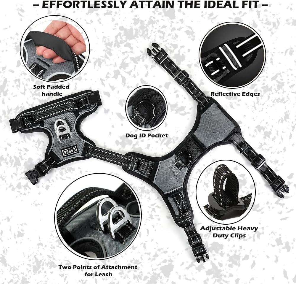 EKODE Dog Harness - No Pull Harness for Dogs with Breathable Inner Padding - Harness Dogs UK with 2 Anti Rust Leash Hooks - Anti Pull Dog Harness with Night Reflection Linings