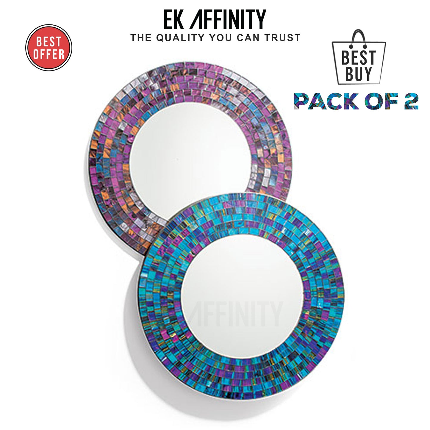 Pack of 2 Elegant 40cm Round Mosaic Mirrors Handmade Best Gift Girls Room