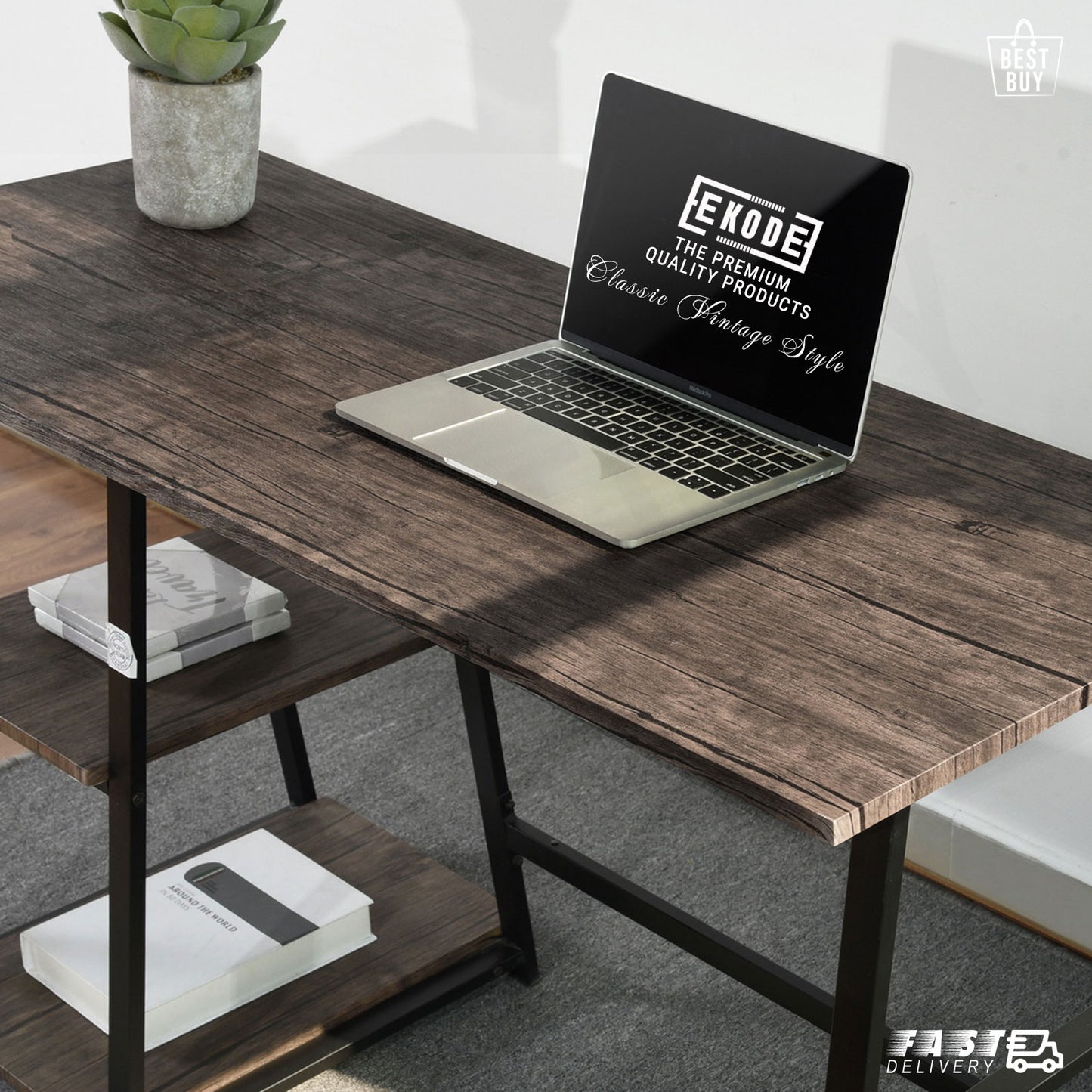 EKODE™ Vintage Brown Finish Computer Writing Study Trestle Desk Modern Vintage Home Office