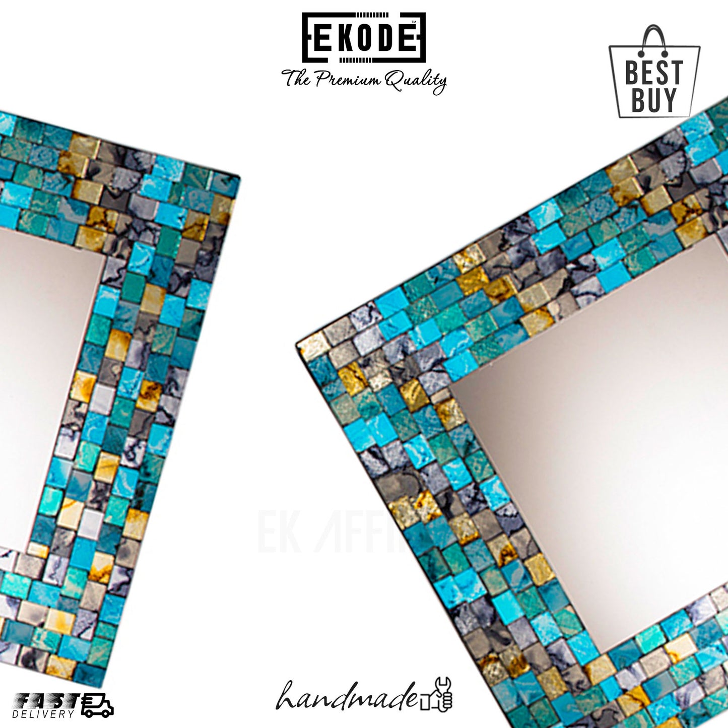 EKODE™ Beautiful Turquoise and Gold Mosaic Square and Round Wall Mirror Girls Room Gift