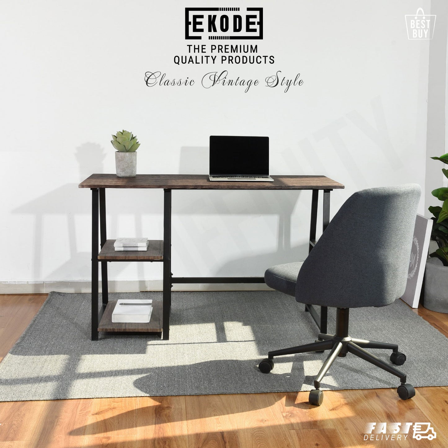 EKODE™ Vintage Brown Finish Computer Writing Study Trestle Desk Modern Vintage Home Office