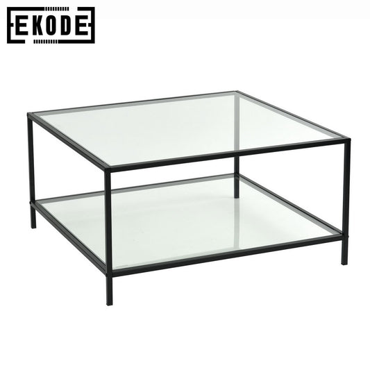 EKODE™ Coffee Table Modern Living Room Square Tempered Glass Top Black 2 Tier