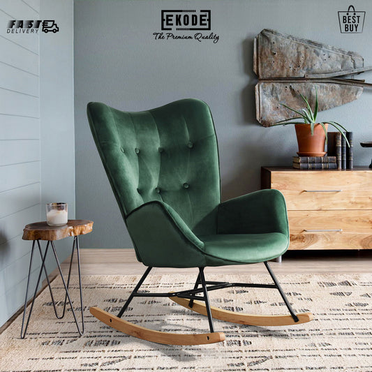 EKODE™ Comfortable rocking chair dark green velvet with padded armrests and backrest