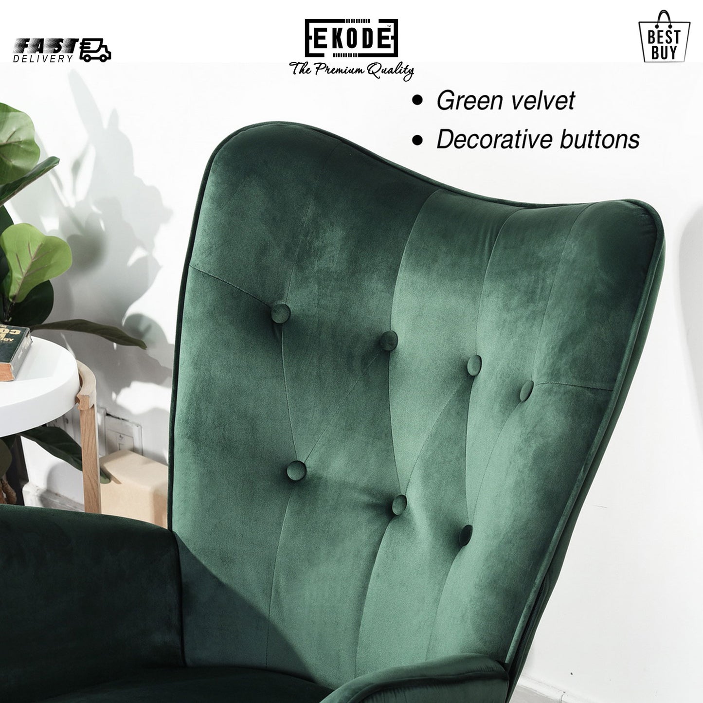 EKODE™ Comfortable rocking chair dark green velvet with padded armrests and backrest