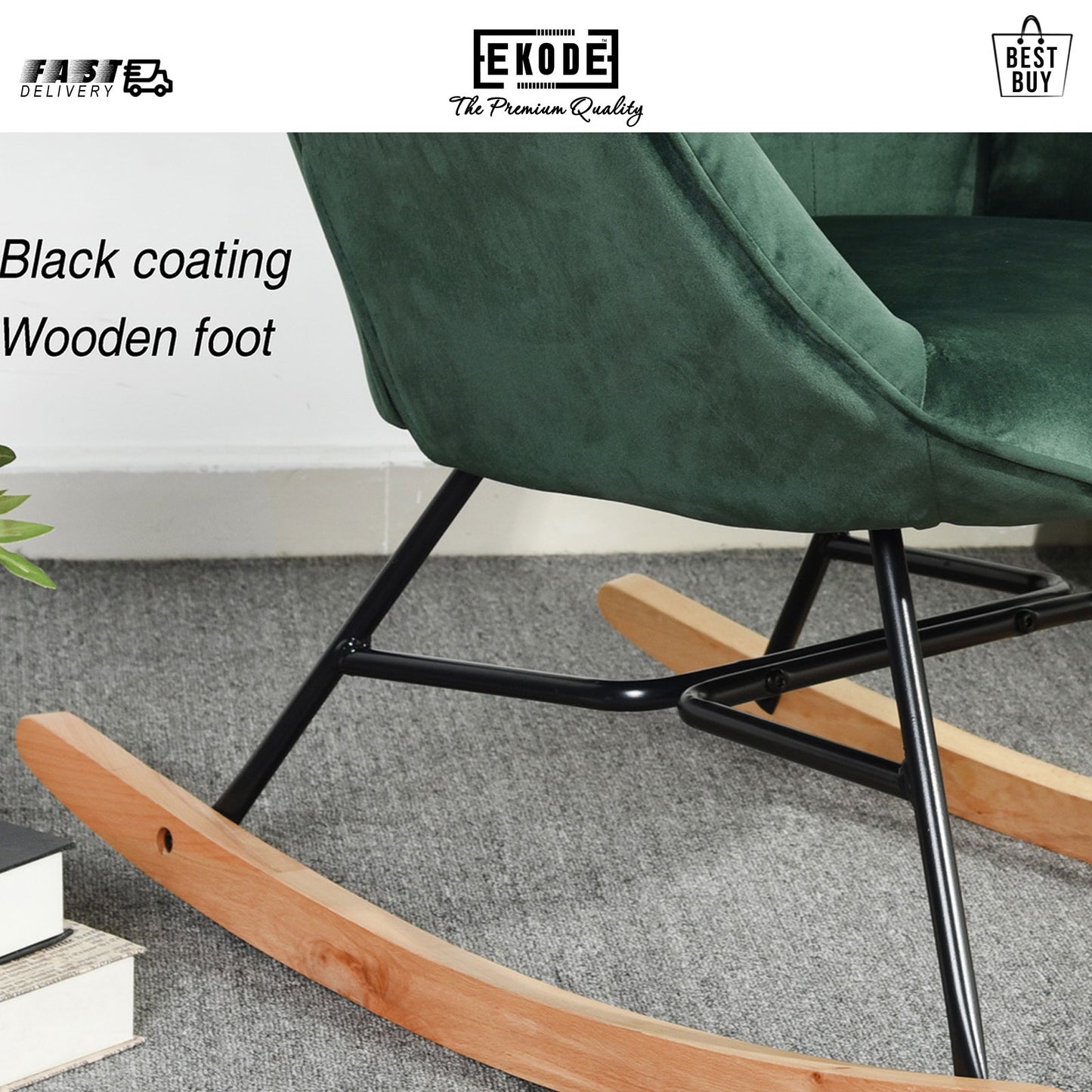 EKODE™ Comfortable rocking chair dark green velvet with padded armrests and backrest