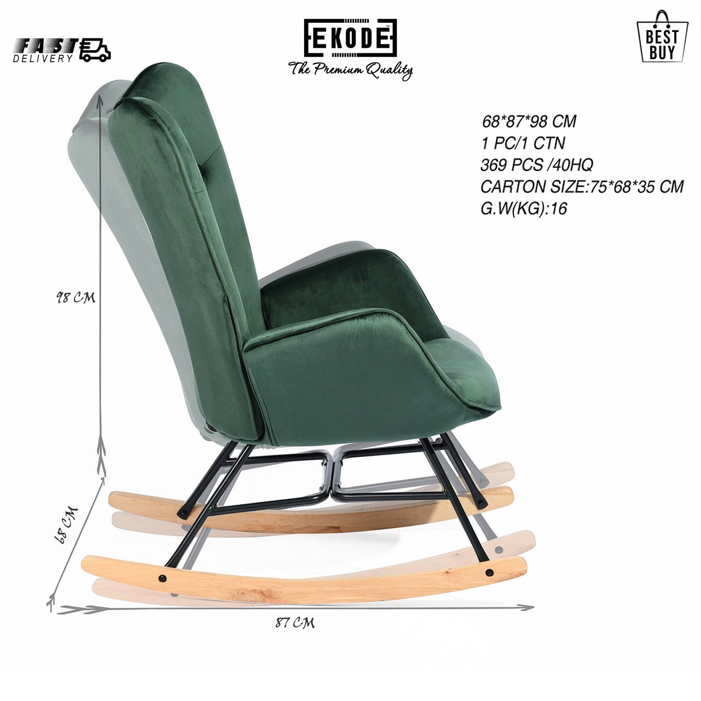 EKODE™ Comfortable rocking chair dark green velvet with padded armrests and backrest
