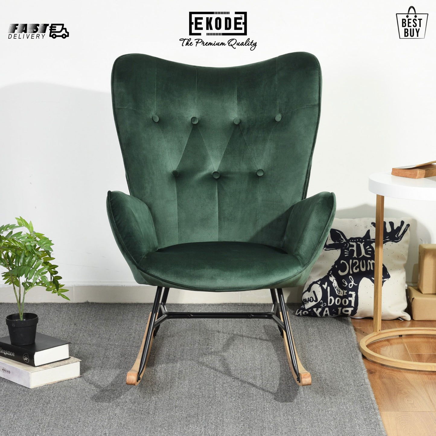 EKODE™ Comfortable rocking chair dark green velvet with padded armrests and backrest