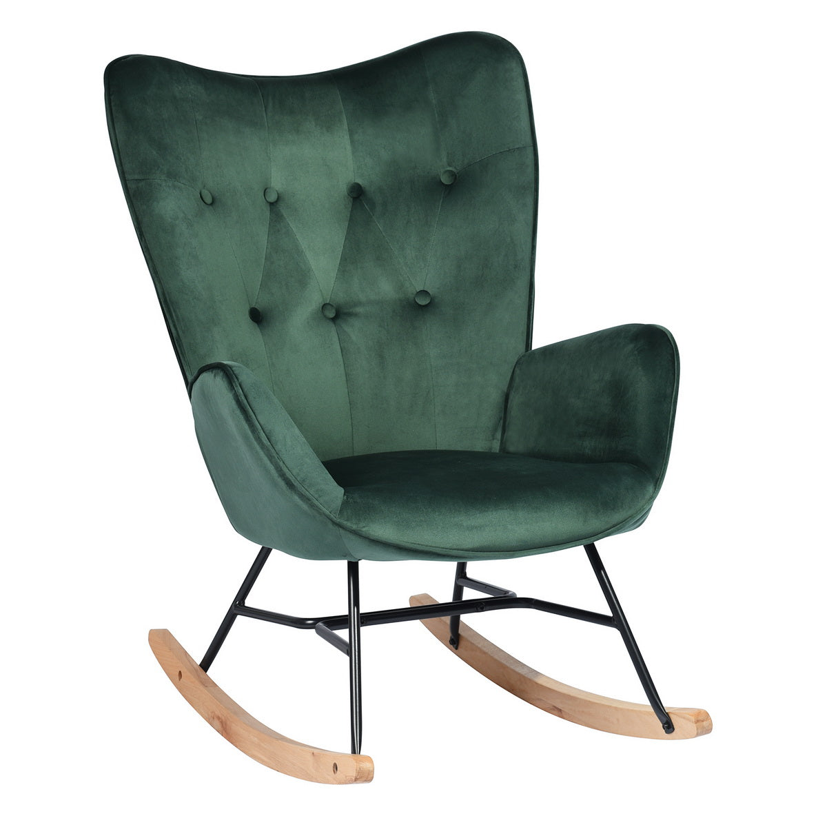 EKODE™ Comfortable rocking chair dark green velvet with padded armrests and backrest
