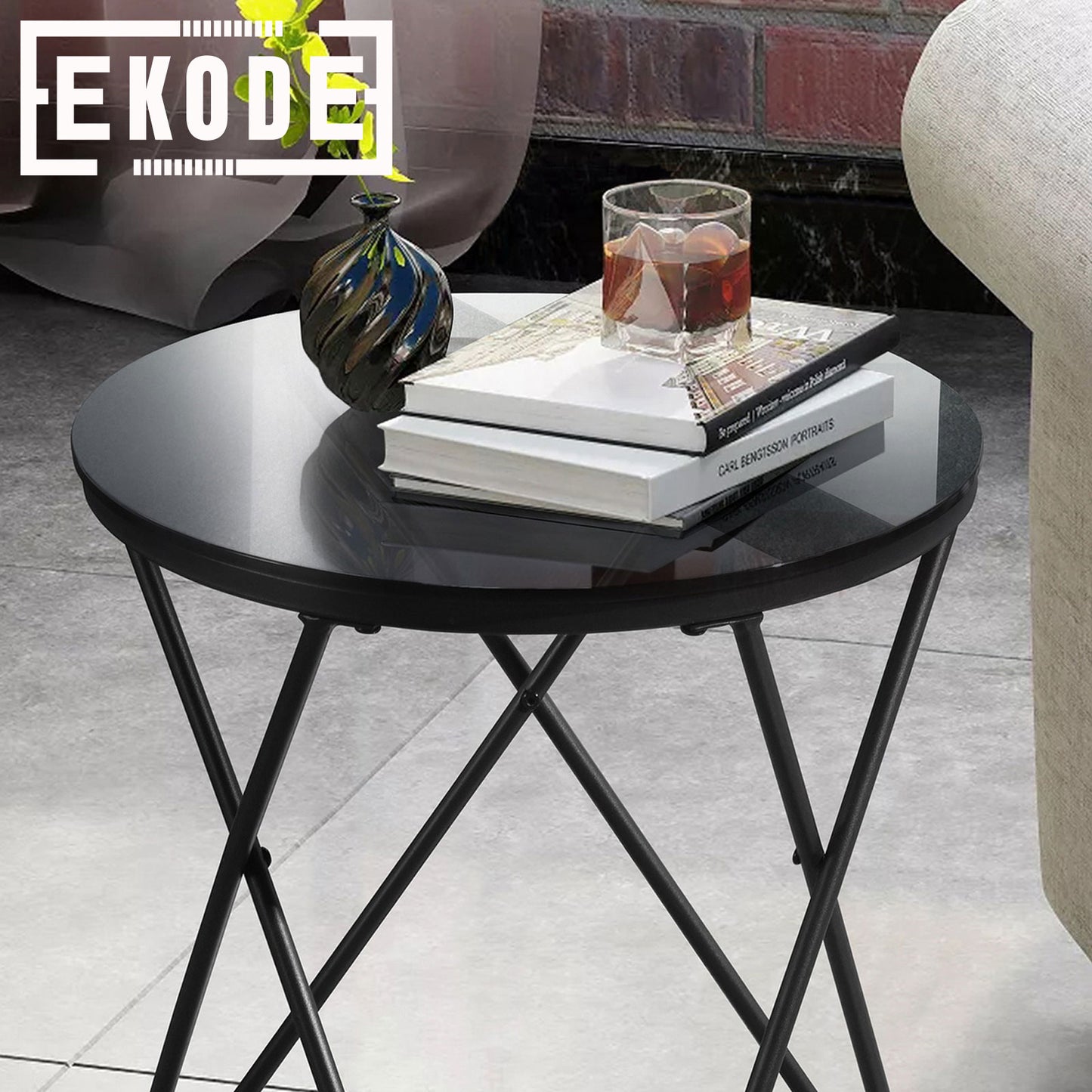 EKODE™ Black metal glass side table, Small round coffee end Bedside table Nightstand