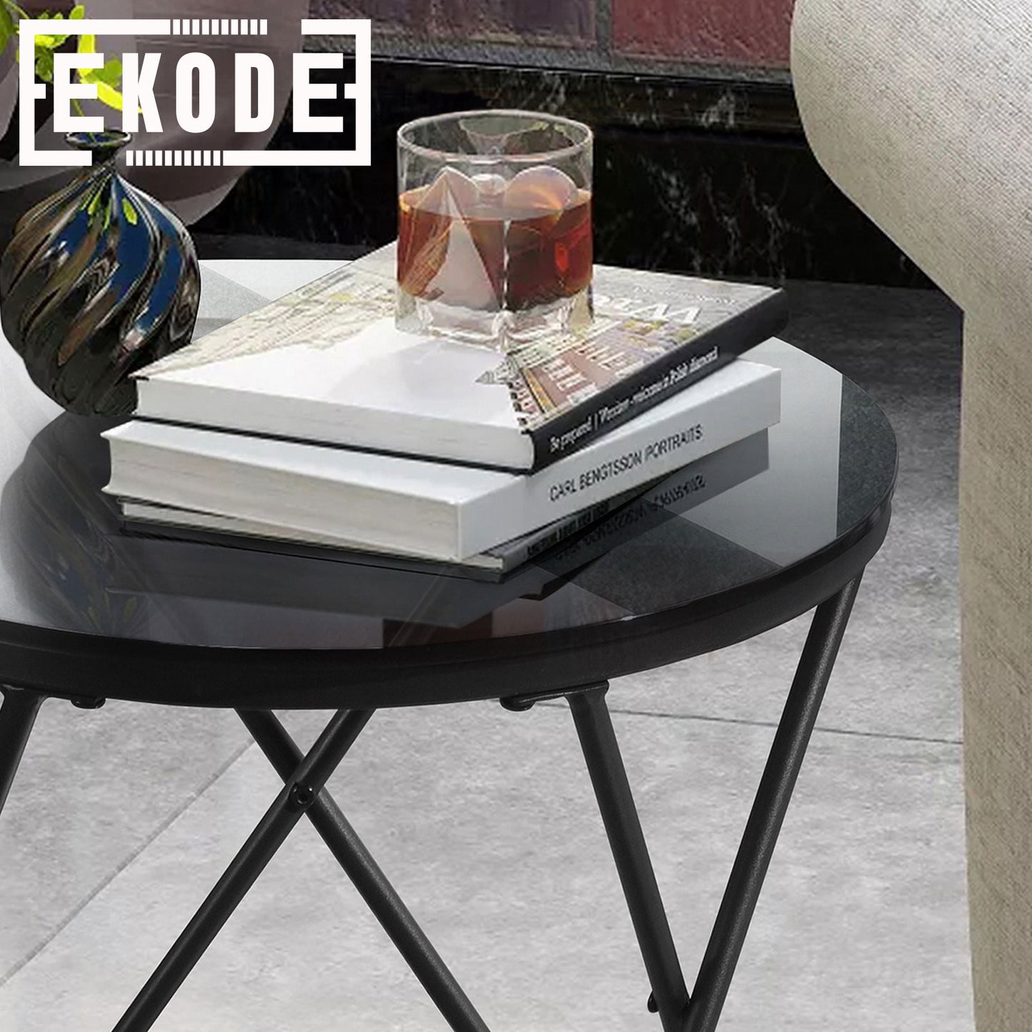 EKODE™ Black metal glass side table, Small round coffee end Bedside table Nightstand