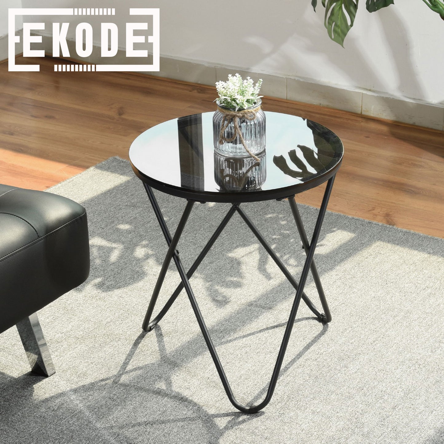 EKODE™ Black metal glass side table, Small round coffee end Bedside table Nightstand