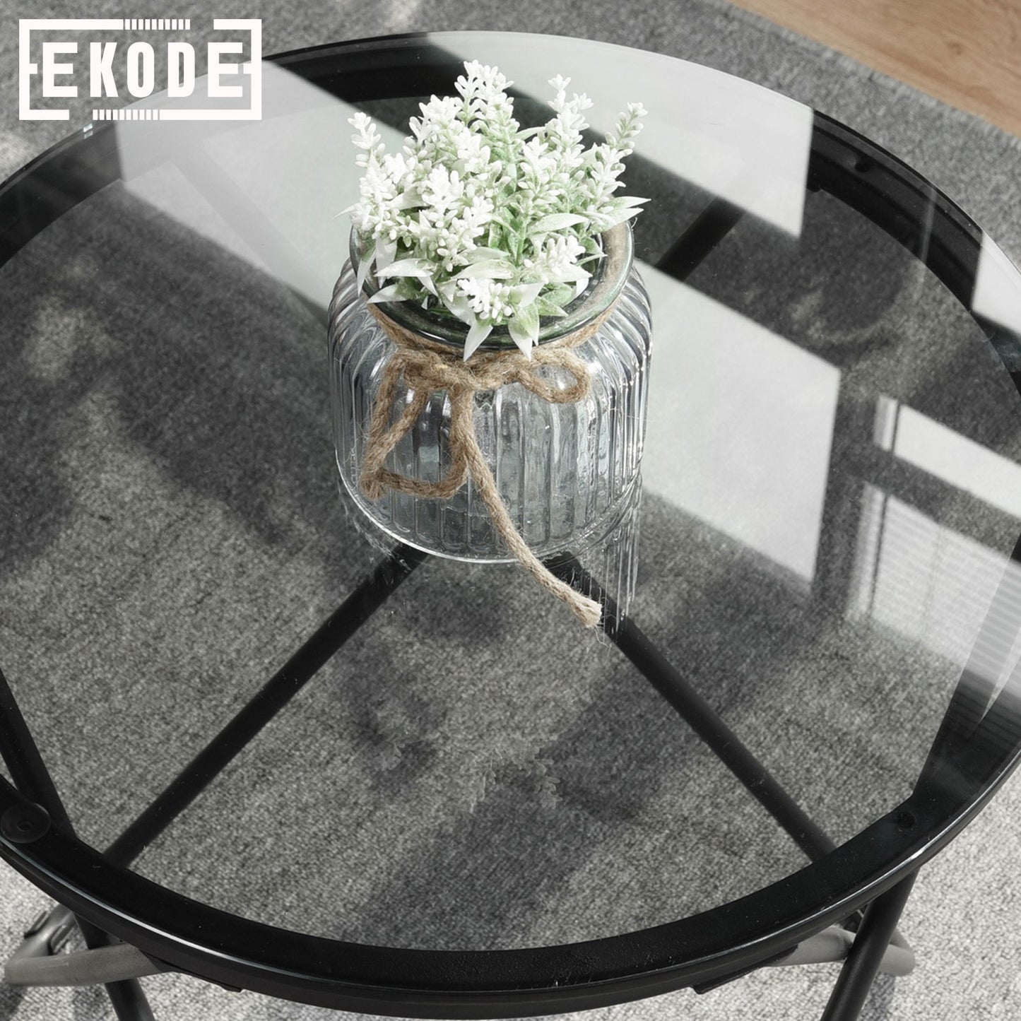 EKODE™ Black metal glass side table, Small round coffee end Bedside table Nightstand