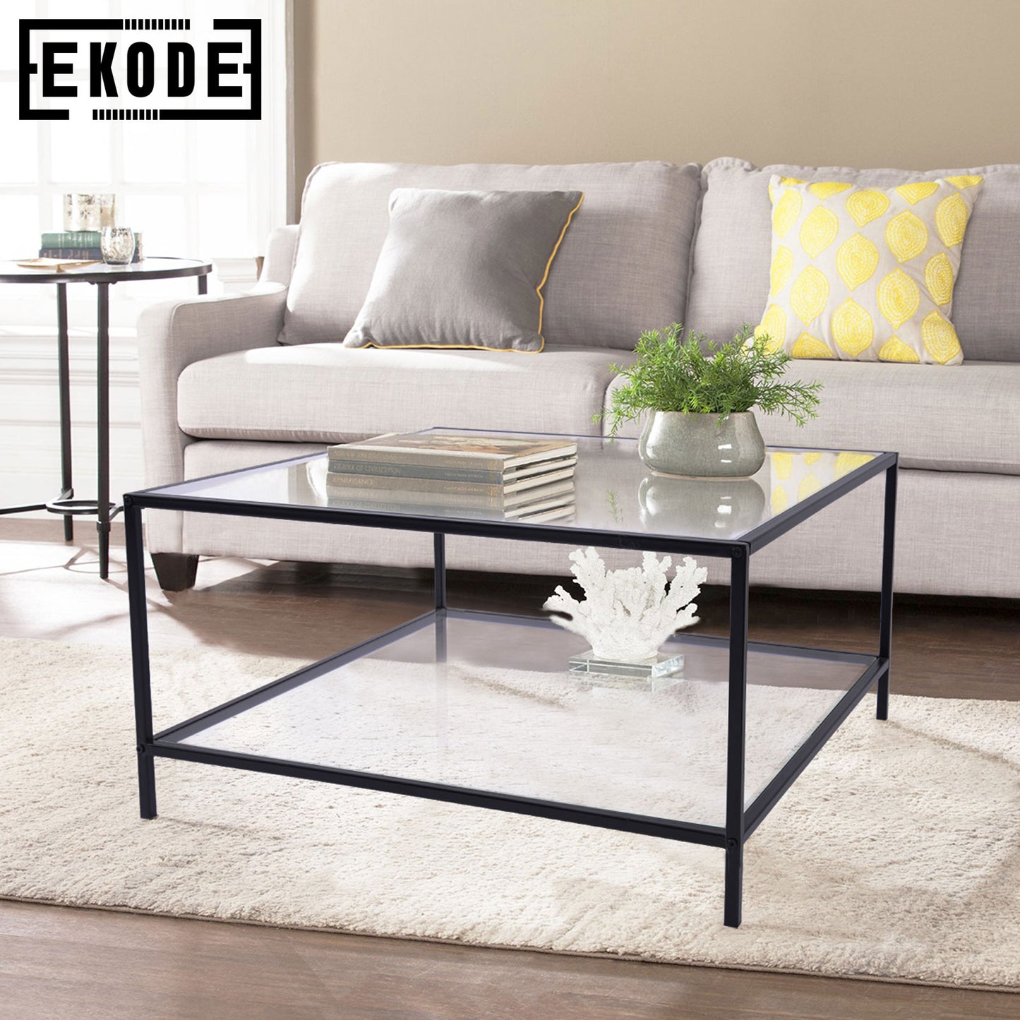 EKODE™ Coffee Table Modern Living Room Square Tempered Glass Top Black 2 Tier