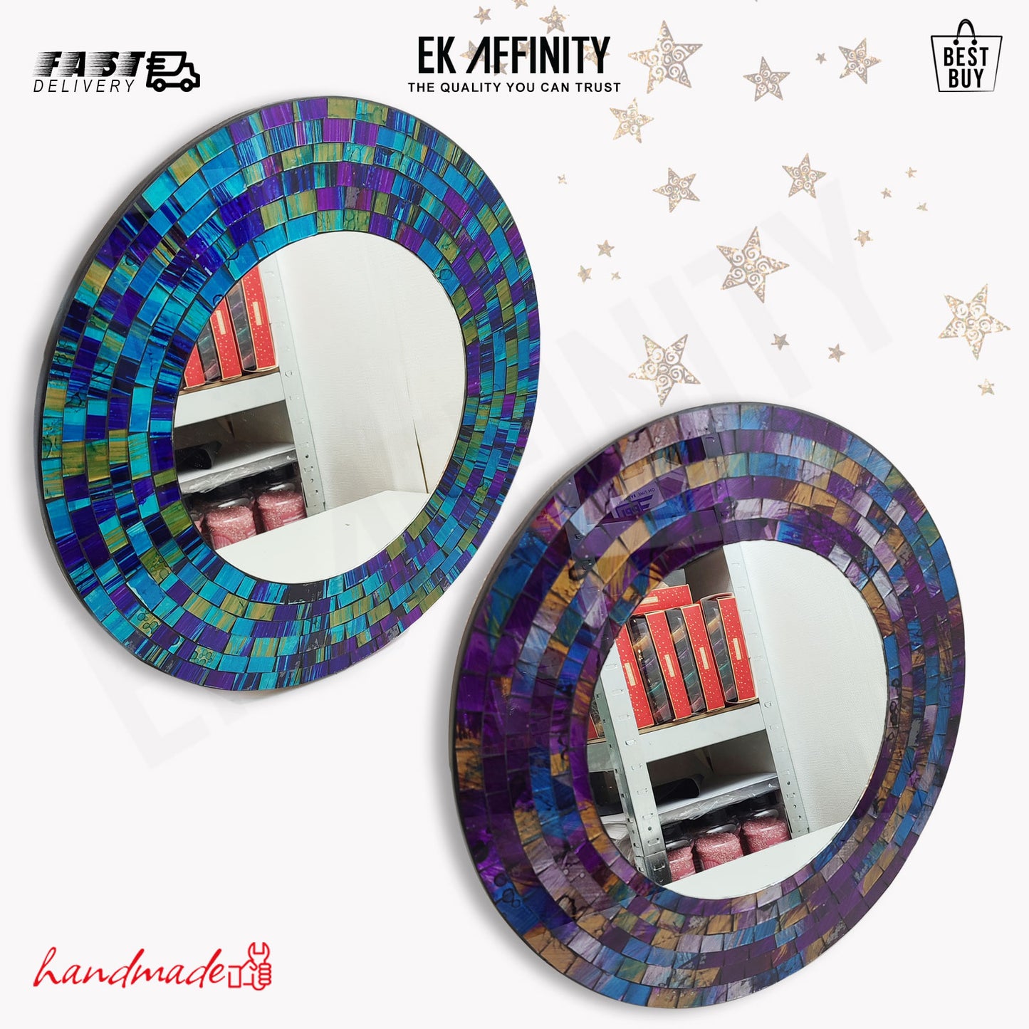 Pack of 2 Elegant 40cm Round Mosaic Mirrors Handmade Best Gift Girls Room