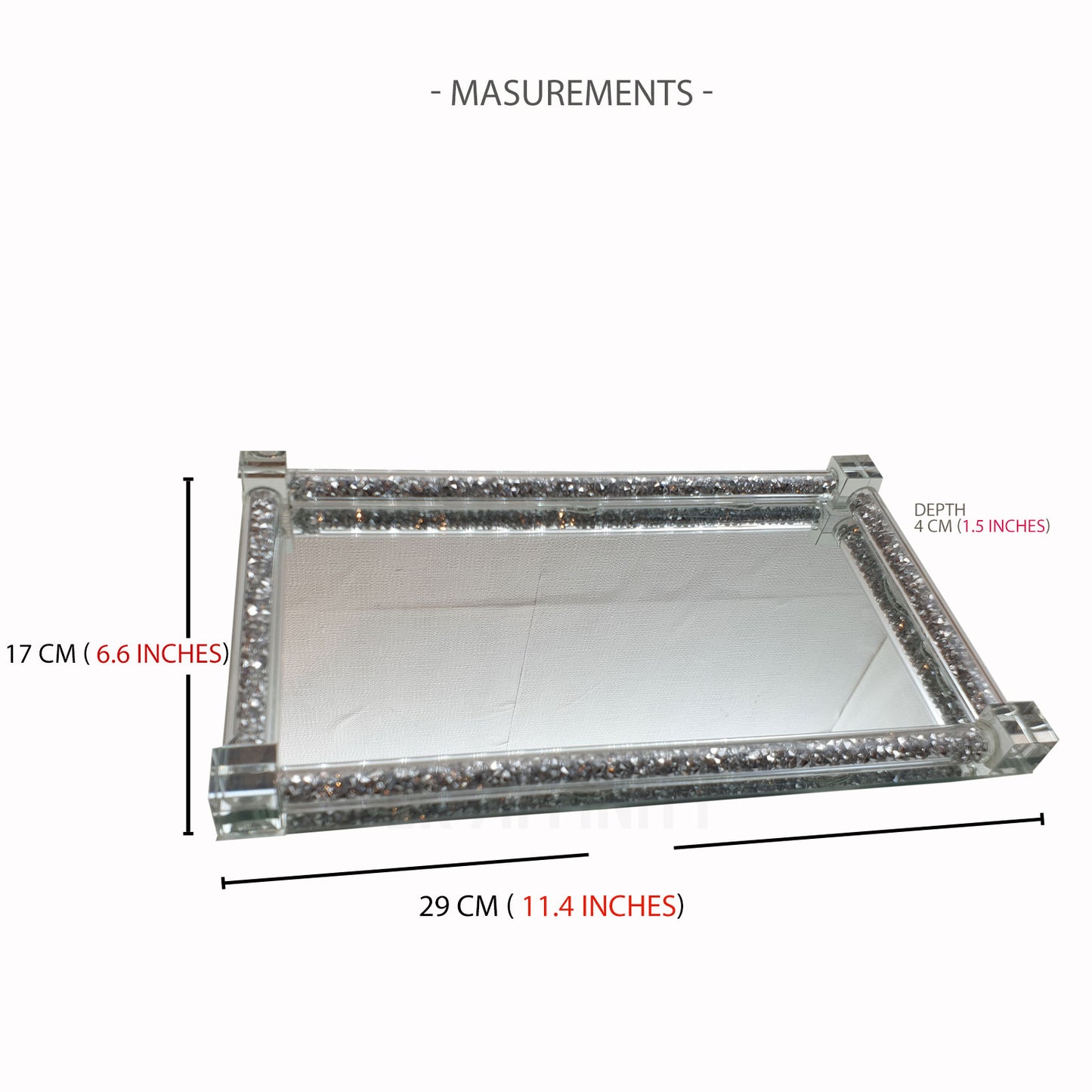 EKODE™ Large Silver Glass Serving Tray 29cm Mirrored Display Crystal Filled Gift
