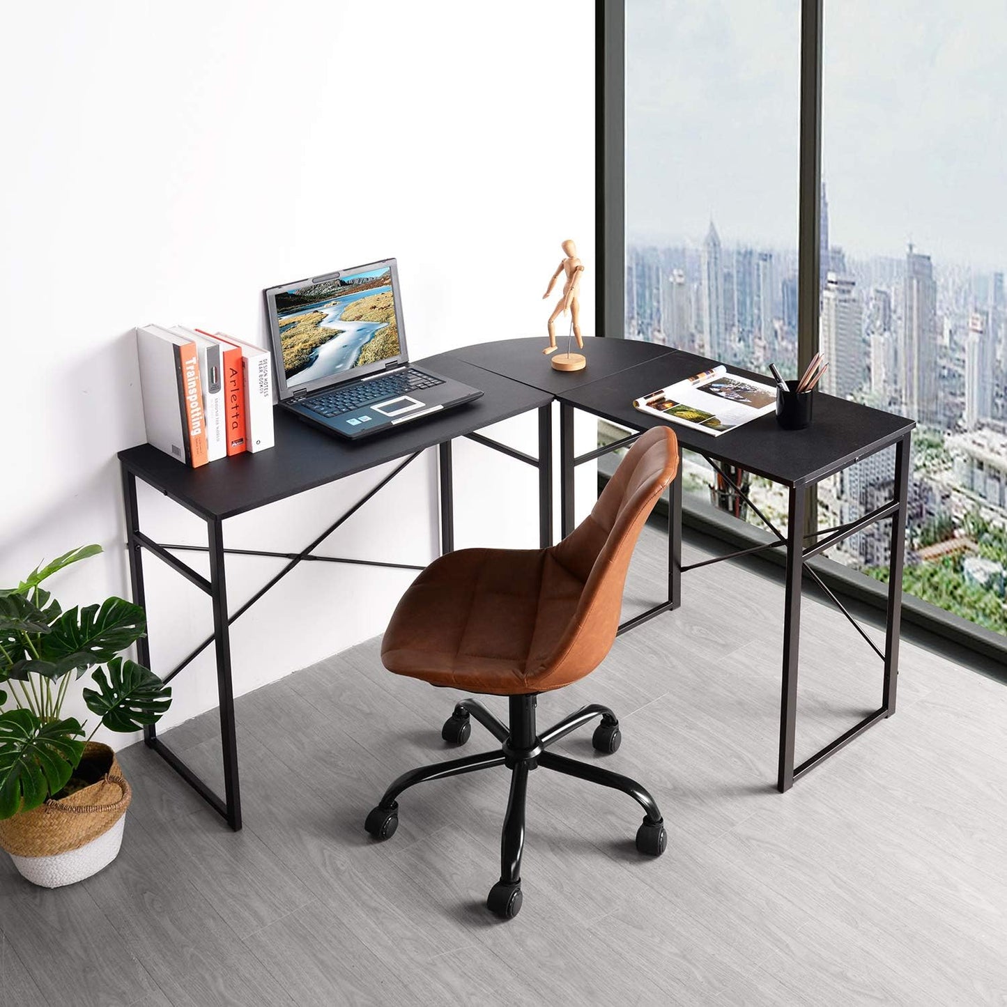 EKODE™ L Shaped Corner Industrial Computer Table Large Storage Surface with Metal Legs Workstation Study Gaming Desk for Home Office,Black, Engineered Wood, 123x103x72.5cm