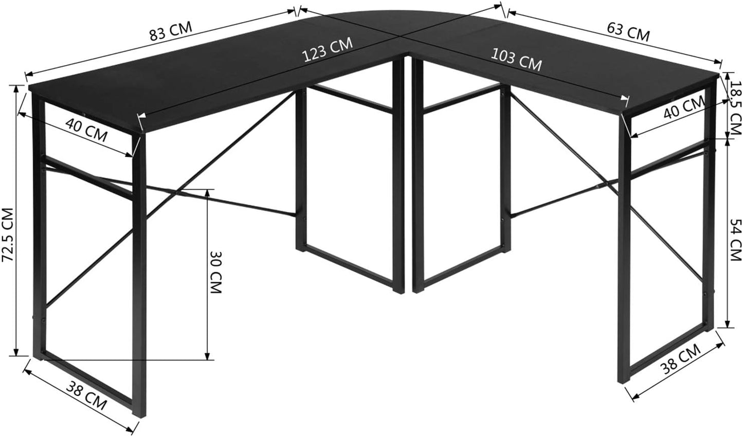 EKODE™ L Shaped Corner Industrial Computer Table Large Storage Surface with Metal Legs Workstation Study Gaming Desk for Home Office,Black, Engineered Wood, 123x103x72.5cm