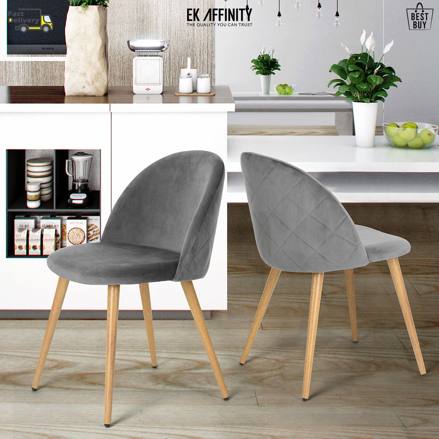 EKODE™  2 x Grey Velvet Dining Chair with Padded Seat Upholstered Living Room Chair