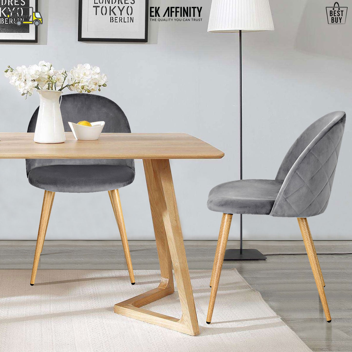 EKODE™  2 x Grey Velvet Dining Chair with Padded Seat Upholstered Living Room Chair