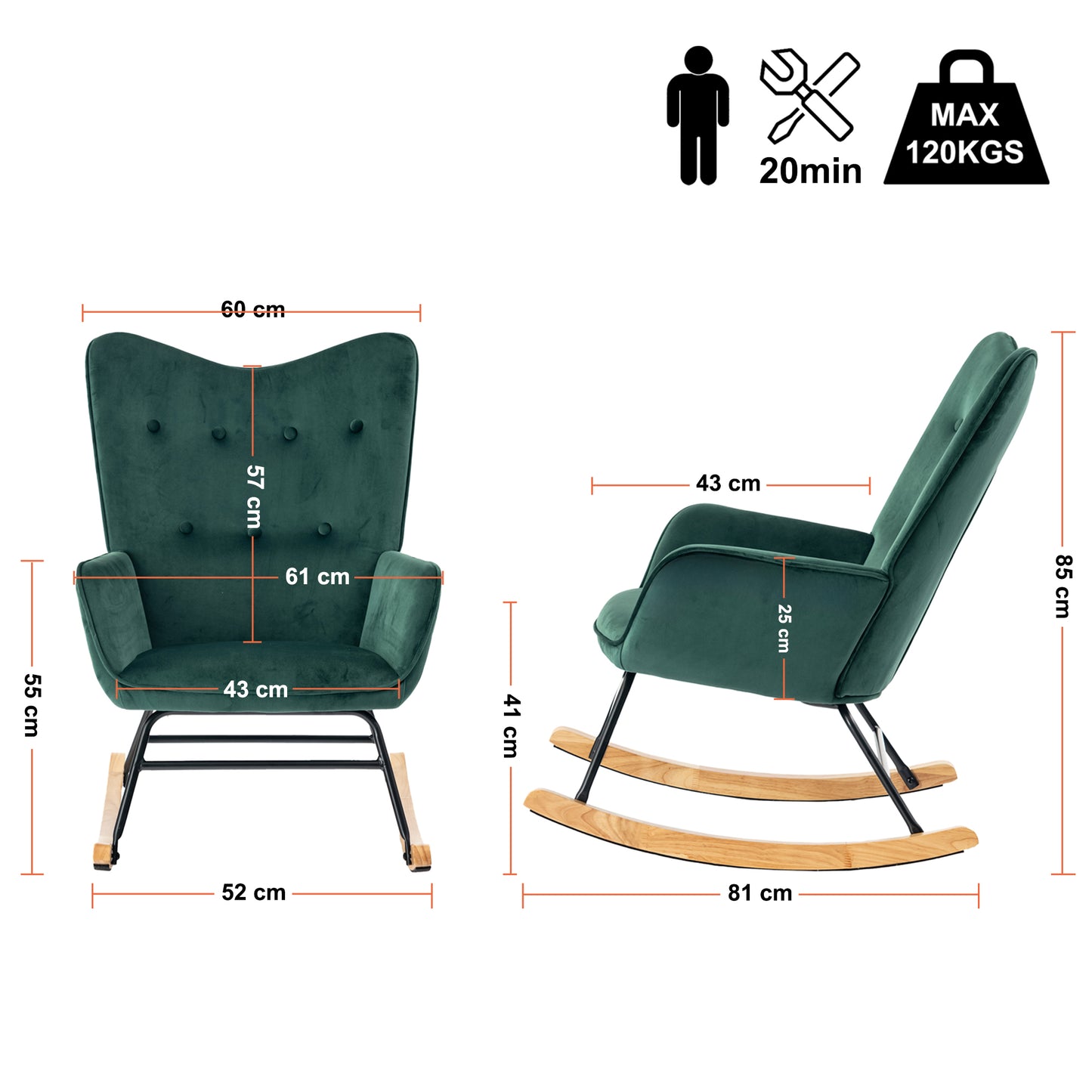 EKODE™ Comfortable rocking chair dark green velvet with padded armrests and backrest