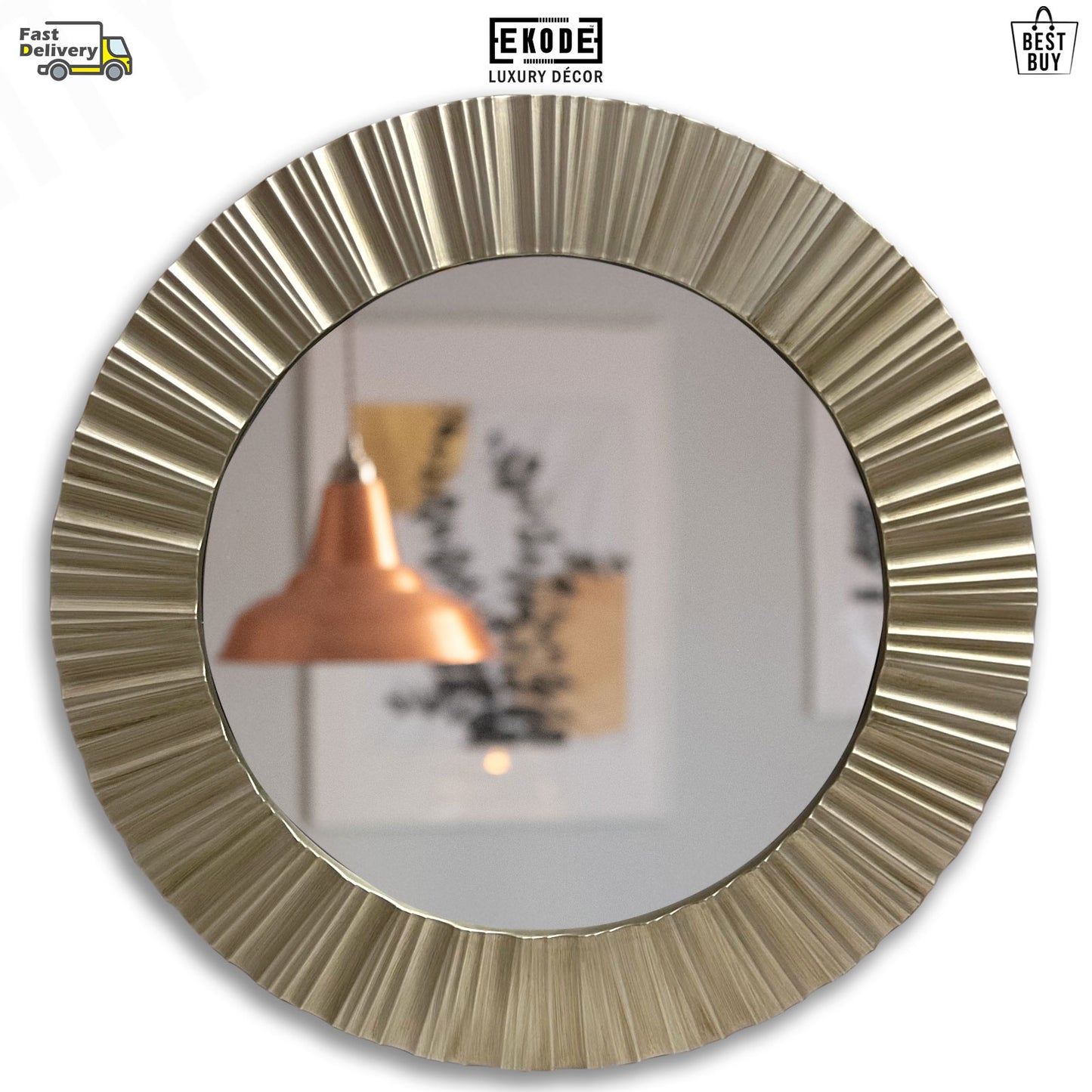 EKODE™ Ornate Round Silver Ribbed Champange Wall Mirror 50 CM Living Room Gift