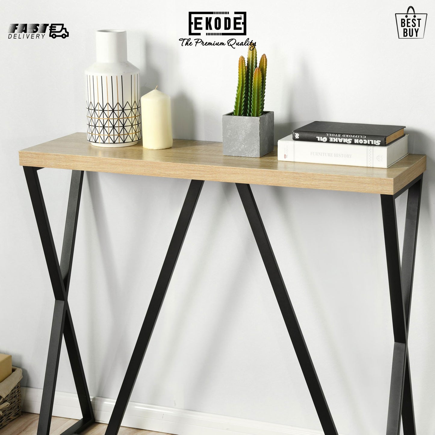 EKODE™ Steel Console Table Industrial Style Beige and Black Alloyed Engineered Wood