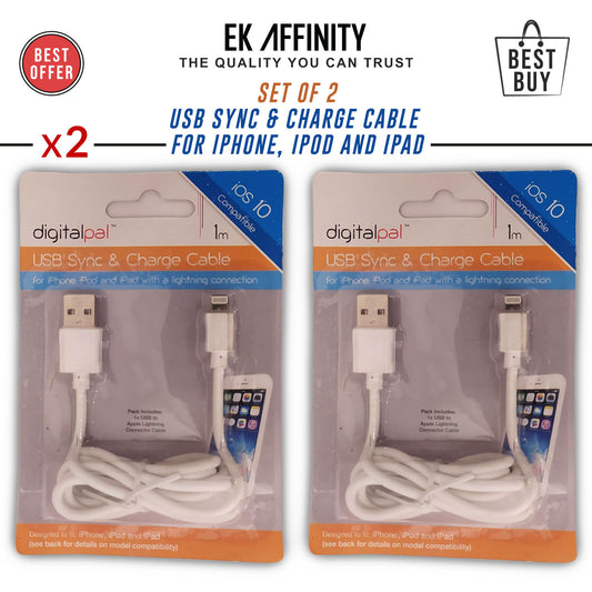 SET of 2 USB Sync & Charge Cable For iPhone, iPod and iPad Best Quality