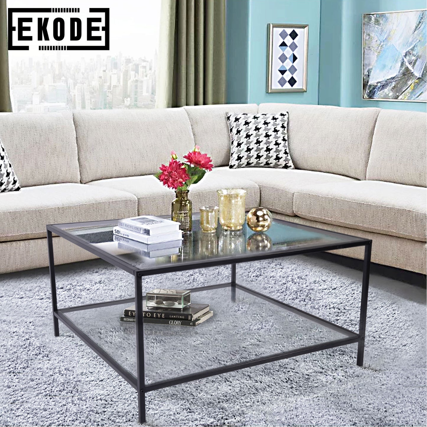 EKODE™ Coffee Table Modern Living Room Square Tempered Glass Top Black 2 Tier