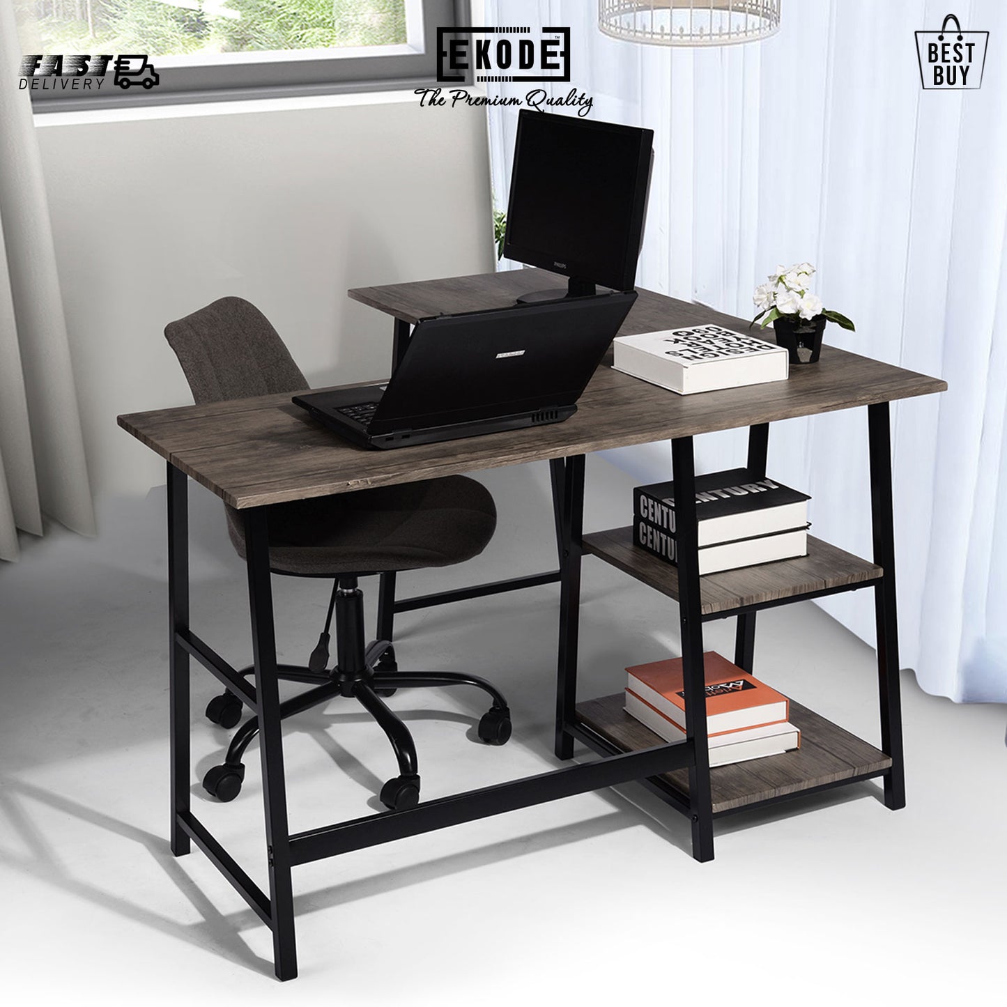 EKODE™ L Shape Computer Desk Wooden Laptop Wide Angle Work Station Study Table