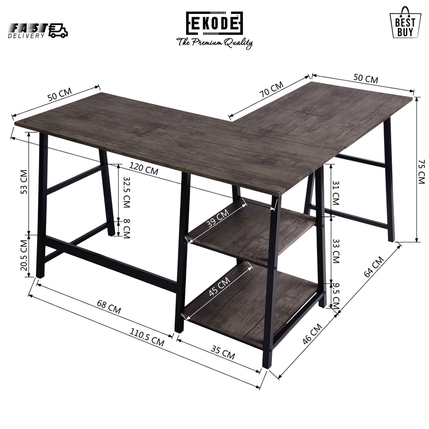 EKODE™ L Shape Computer Desk Wooden Laptop Wide Angle Work Station Study Table