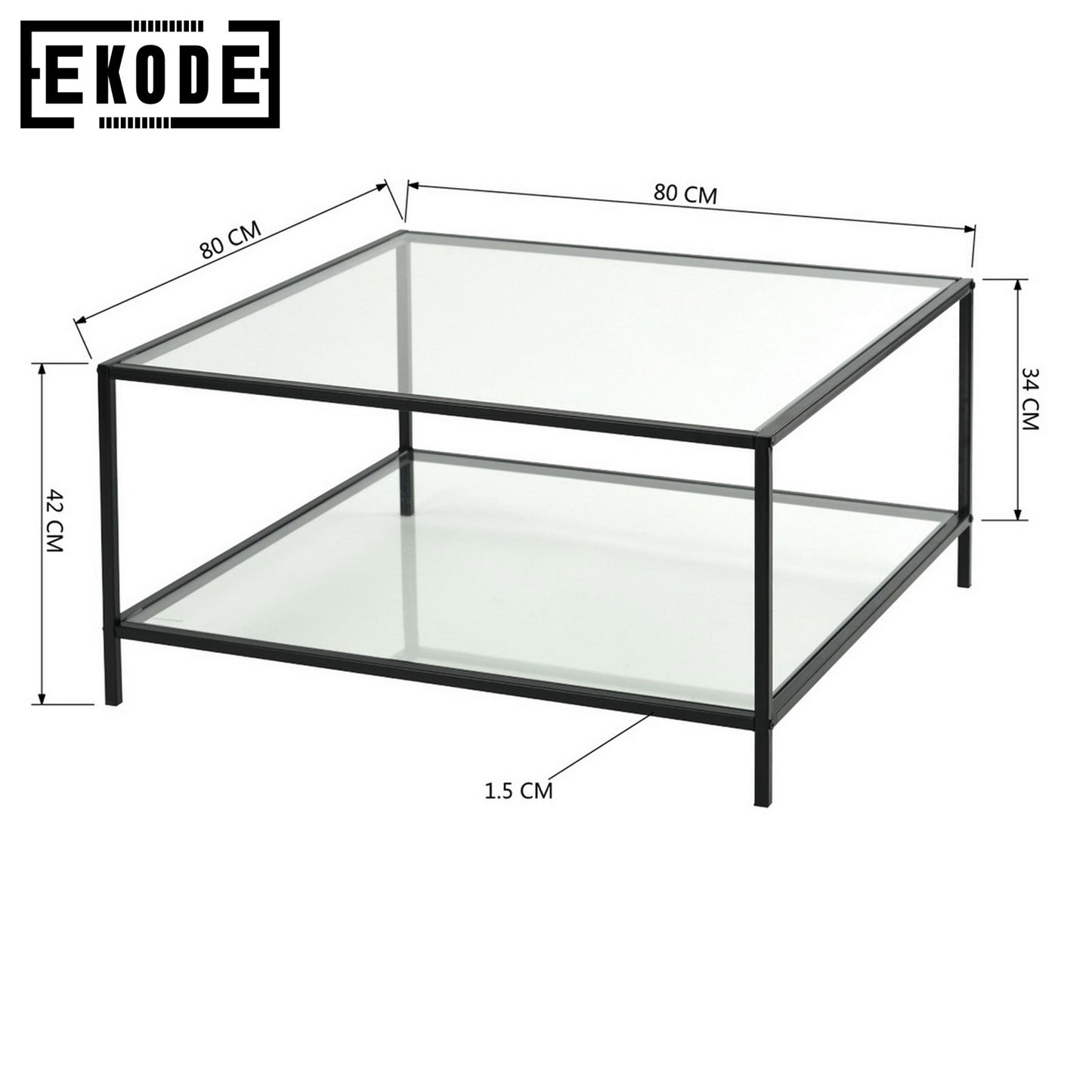 EKODE™ Coffee Table Modern Living Room Square Tempered Glass Top Black 2 Tier