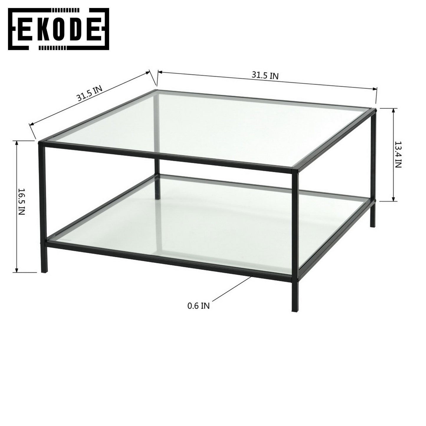 EKODE™ Coffee Table Modern Living Room Square Tempered Glass Top Black 2 Tier