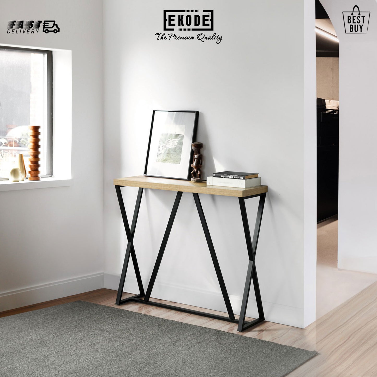 EKODE™ Steel Console Table Industrial Style Beige and Black Alloyed Engineered Wood